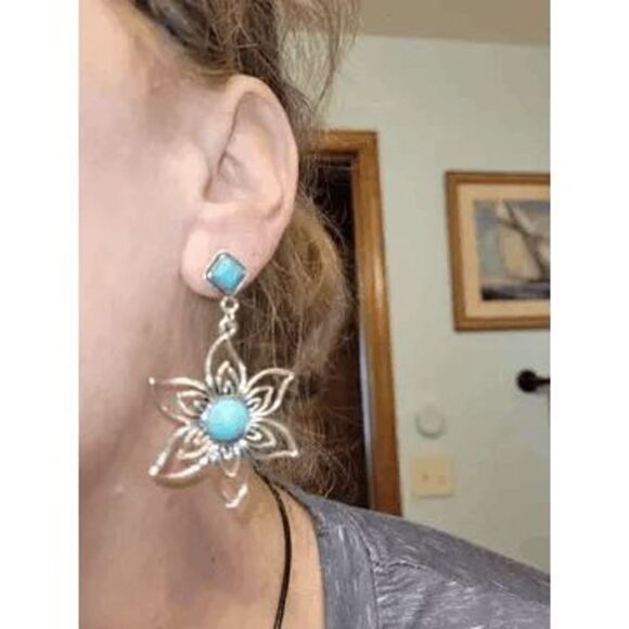 Western Lotus Silver Plated Turquoise Dangle Earrings - Picture 6 of 7